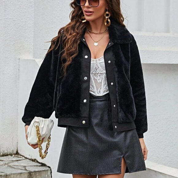 . Jackets & Blazers - Black Boho Womens Solid Button Front Fuzzy Coat